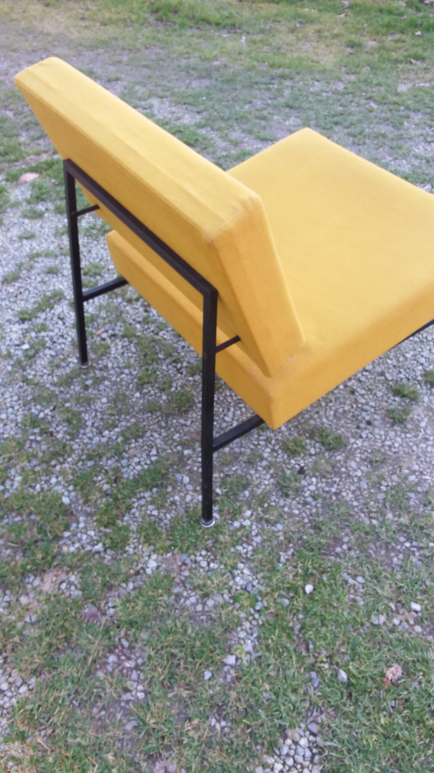 Vintage 50s armchair with black metal base and fabric seats