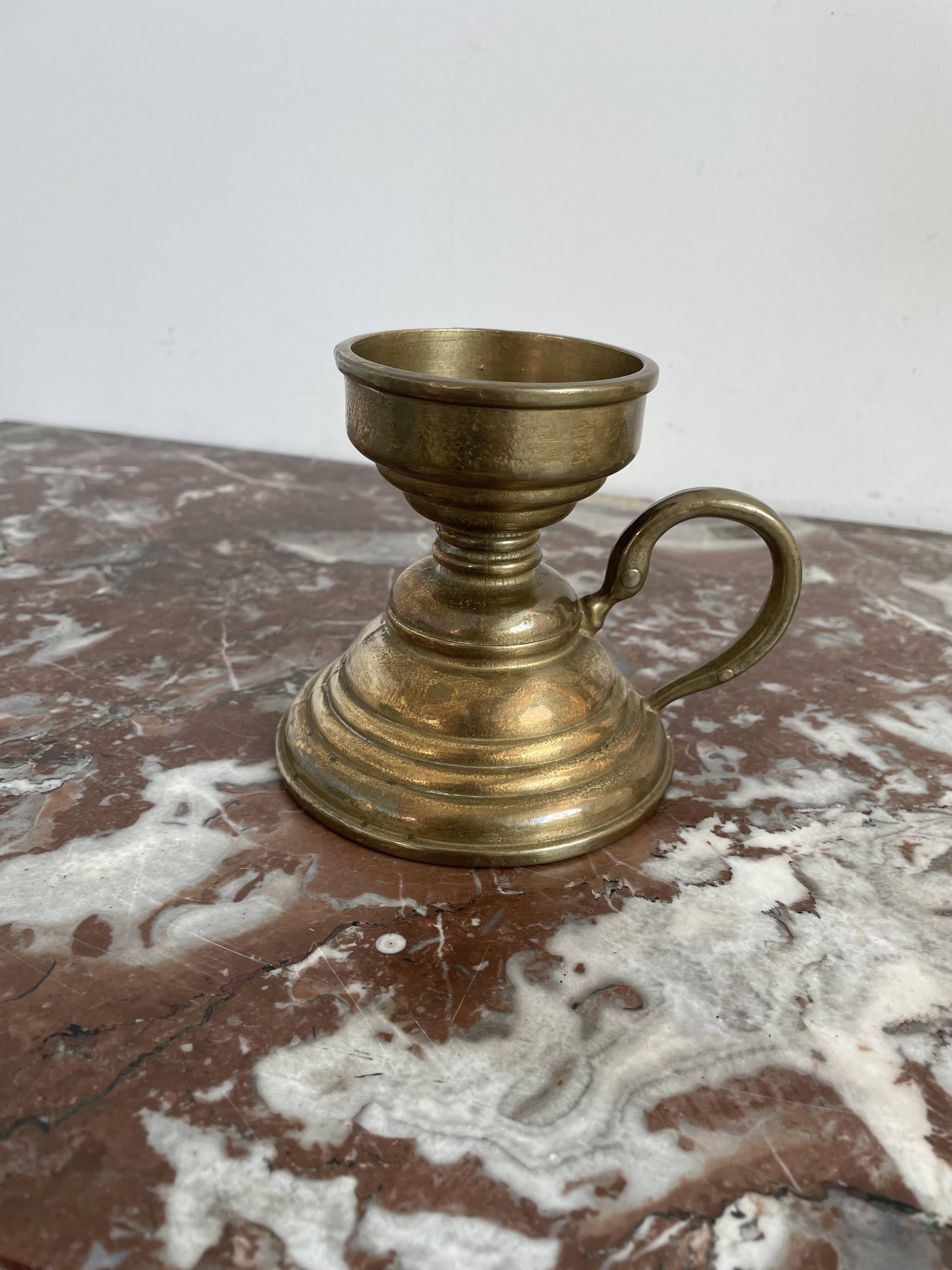 Hand candle holder, cellar rat, brass, gilded, gold, handle, 1950s, decoration, chic, decor, room