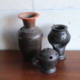 Set of 3 vintage brown and black pottery