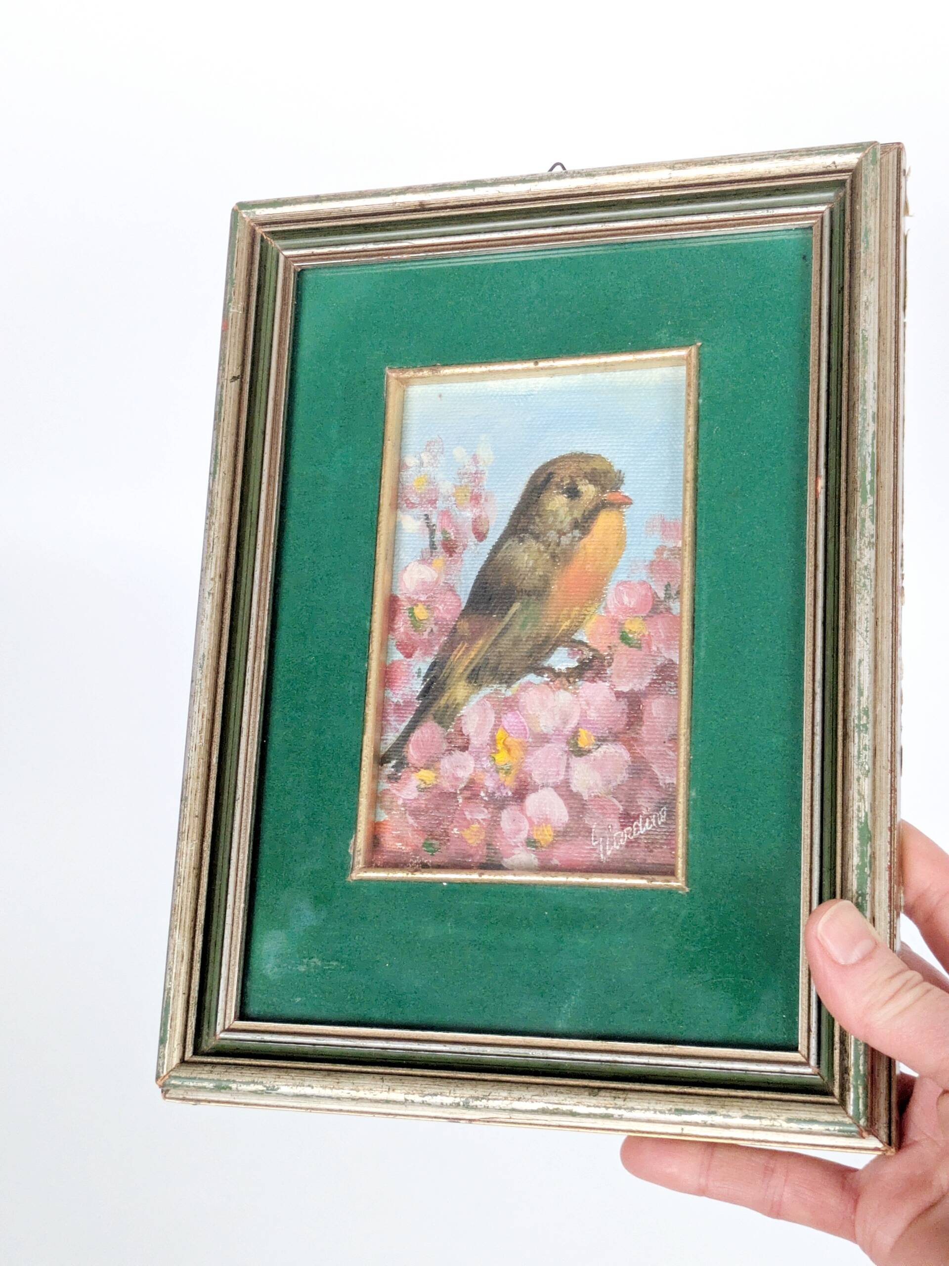 Vintage oil painting signed, robin, distressed frame.
