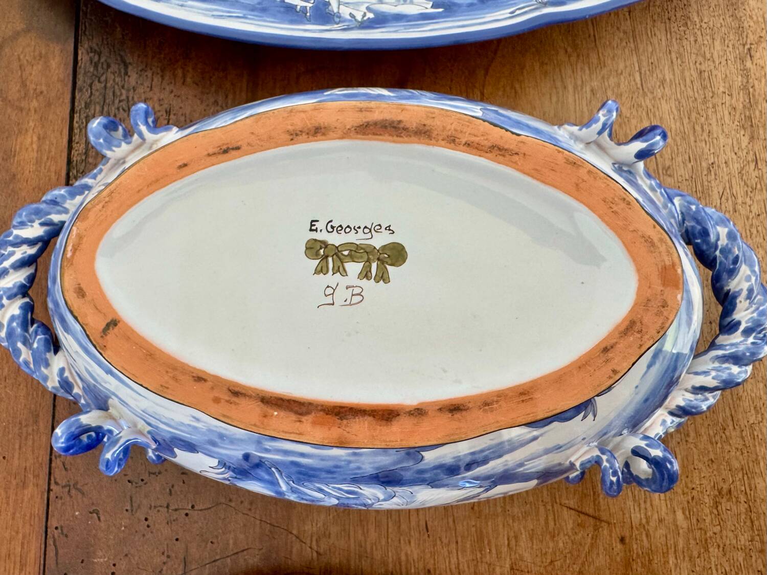 Antique blue faience soup tureen with stand.