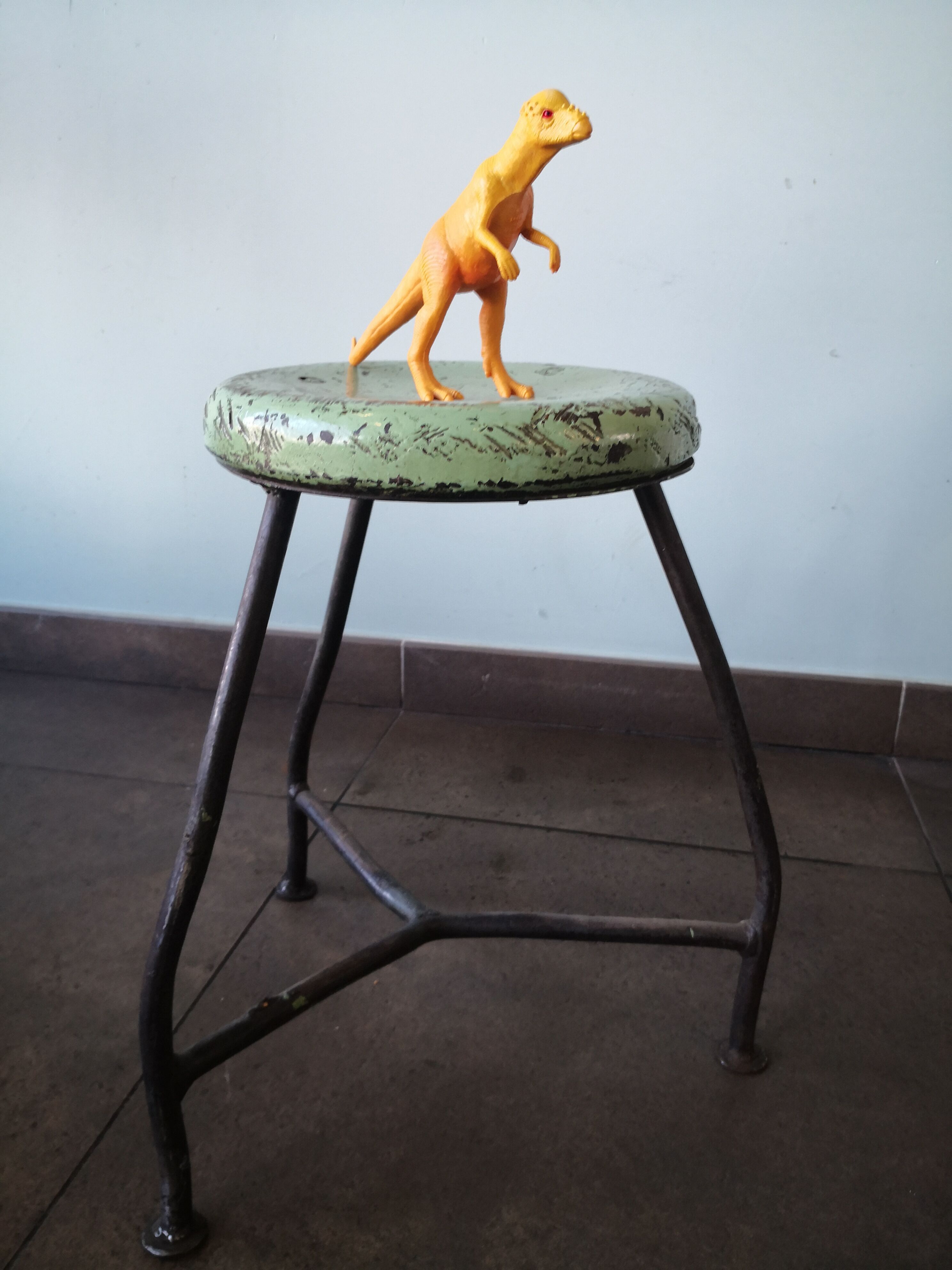 Vintage tripod stool, industrial style wood and metal