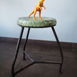 Vintage tripod stool, industrial style wood and metal