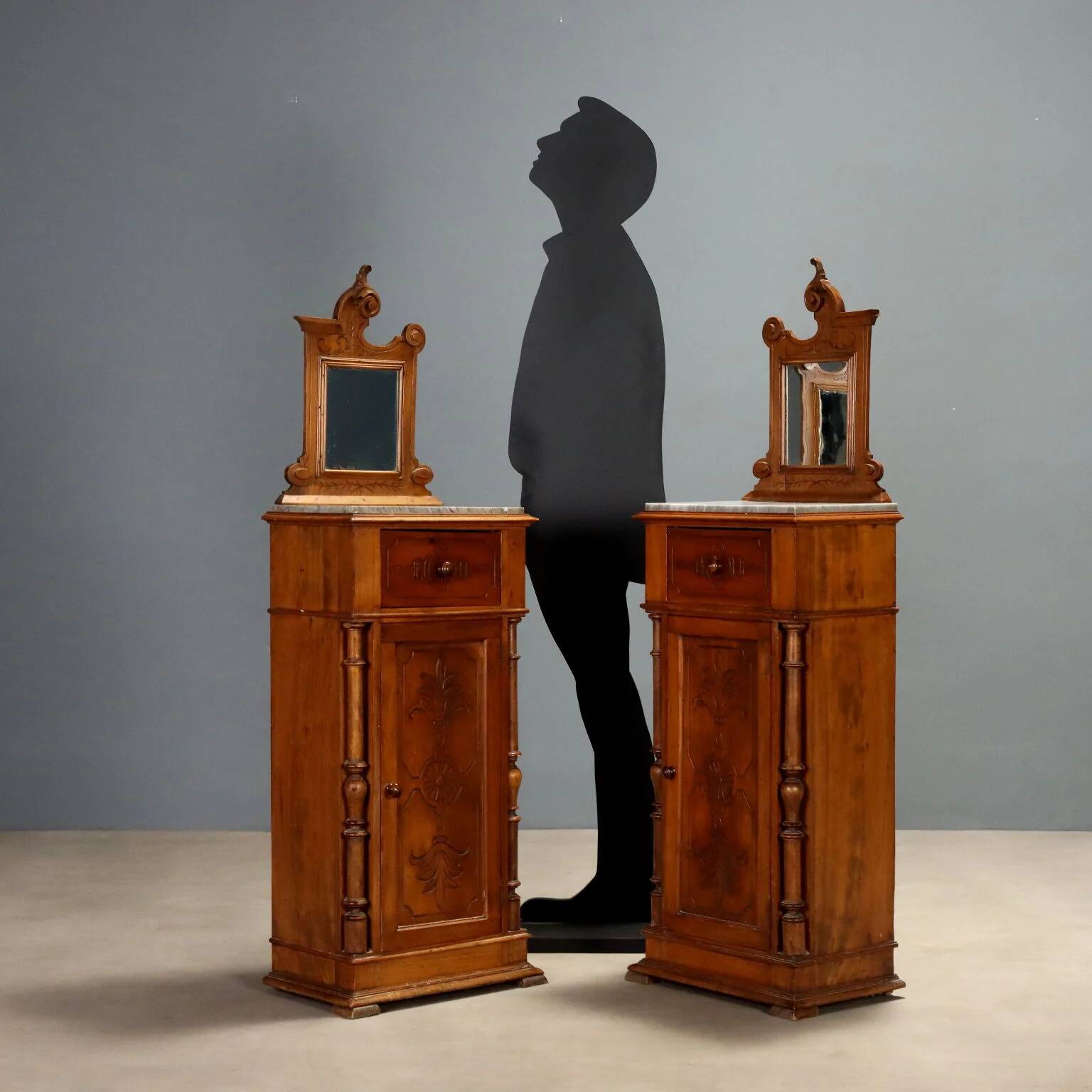 Antique walnut bedside tables with grey marble, Italy, 19th century.