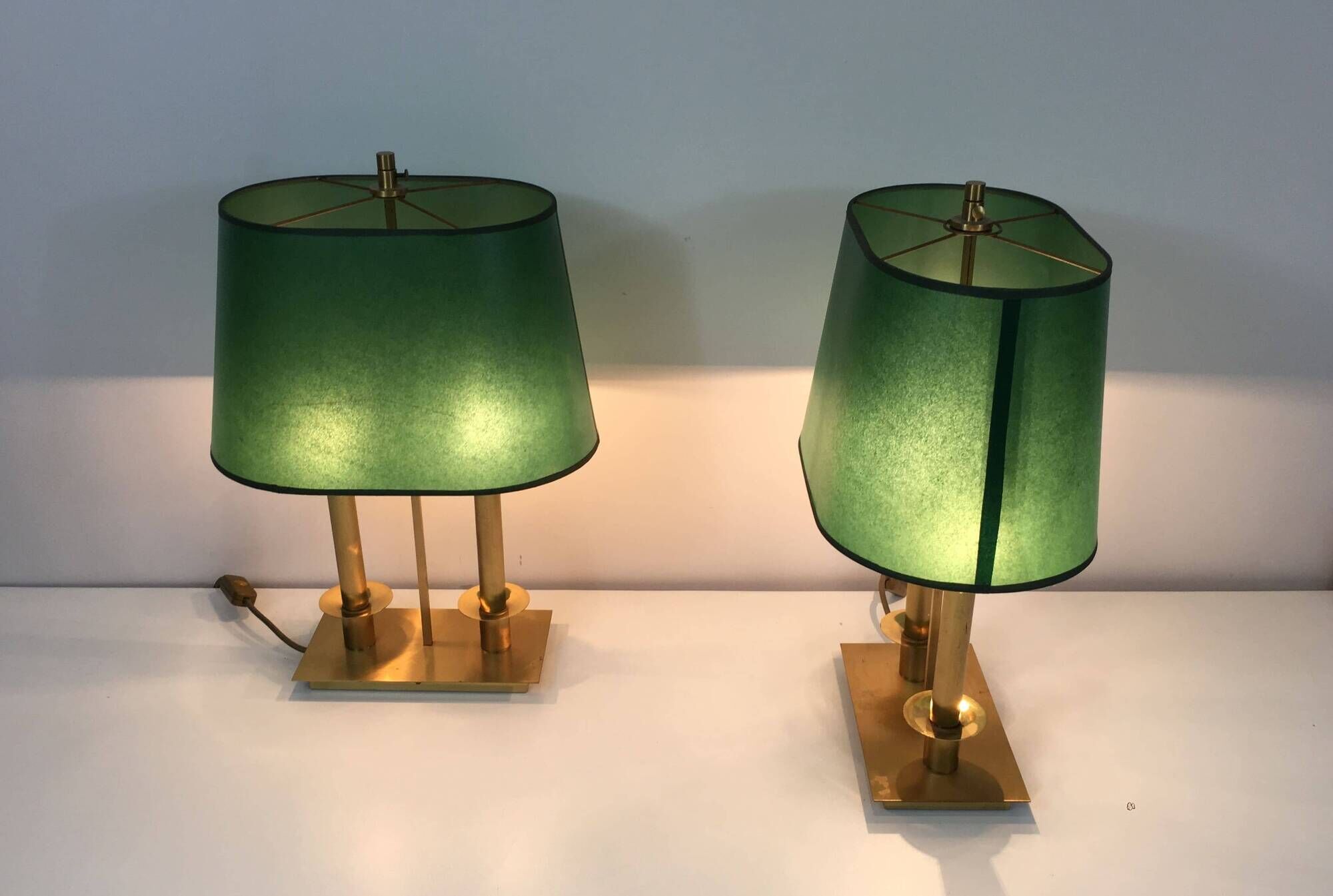 Pair of Two-Light Table Lamps in Brass with Green Shades. Work F