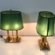 Pair of Two-Light Table Lamps in Brass with Green Shades. Work F
