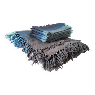 Ensemble Nappe + 7 serviettes coton dégradé bleu franges