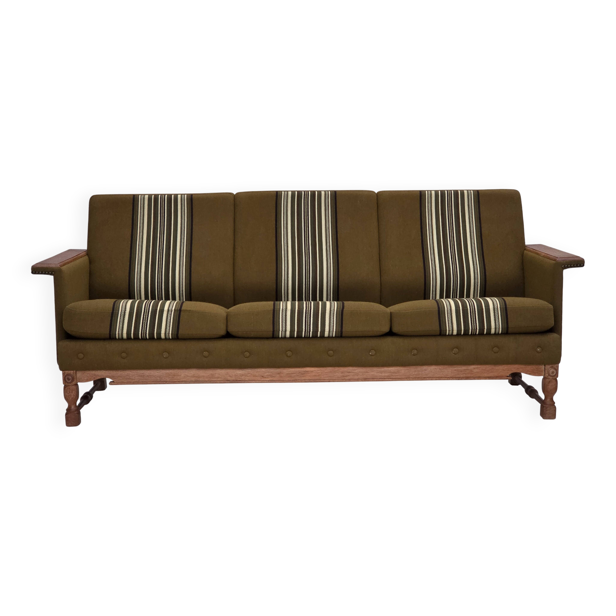 1970s, Danish 3-seater sofa, furniture wool, solid oak wood.