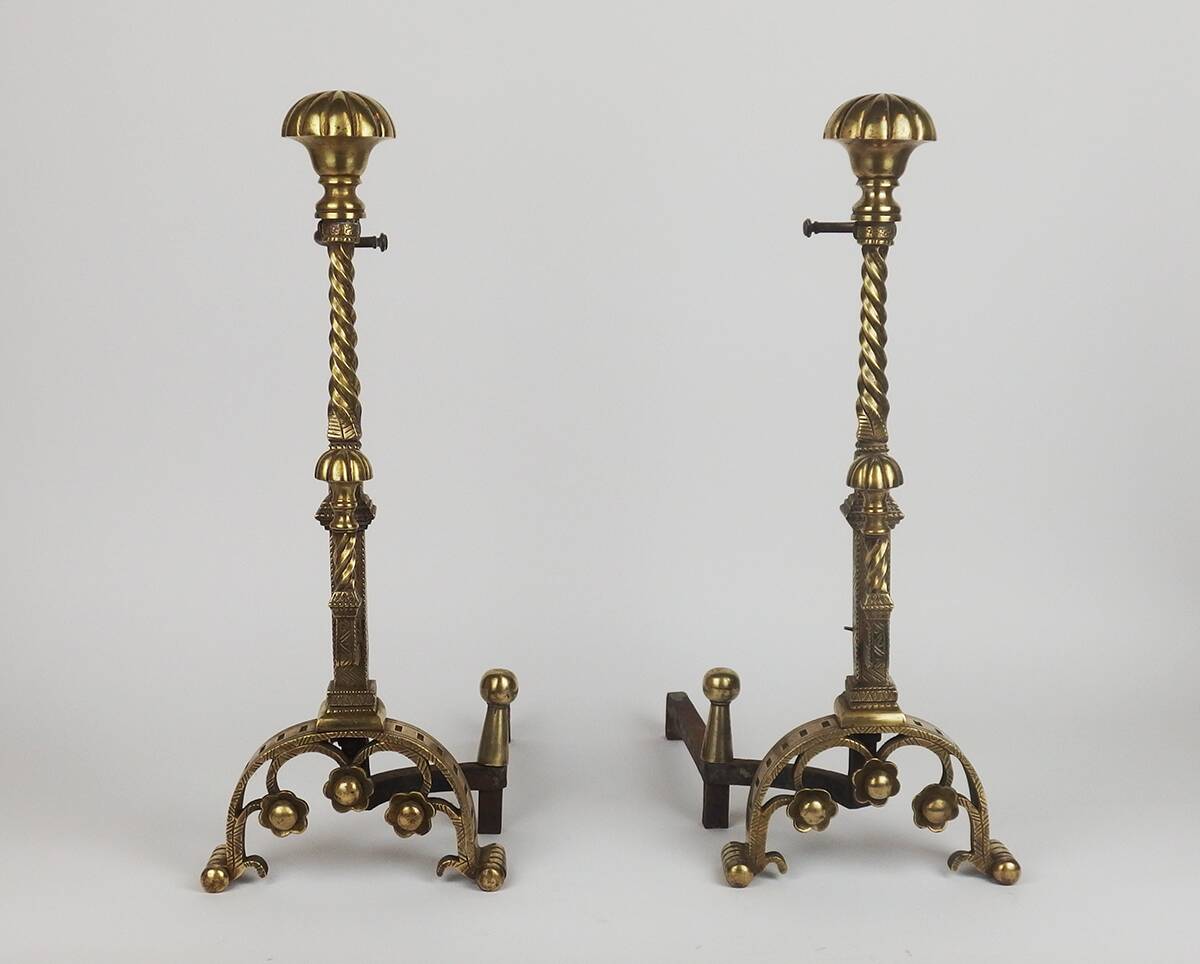 Pair of neo-gothic style bronze andirons