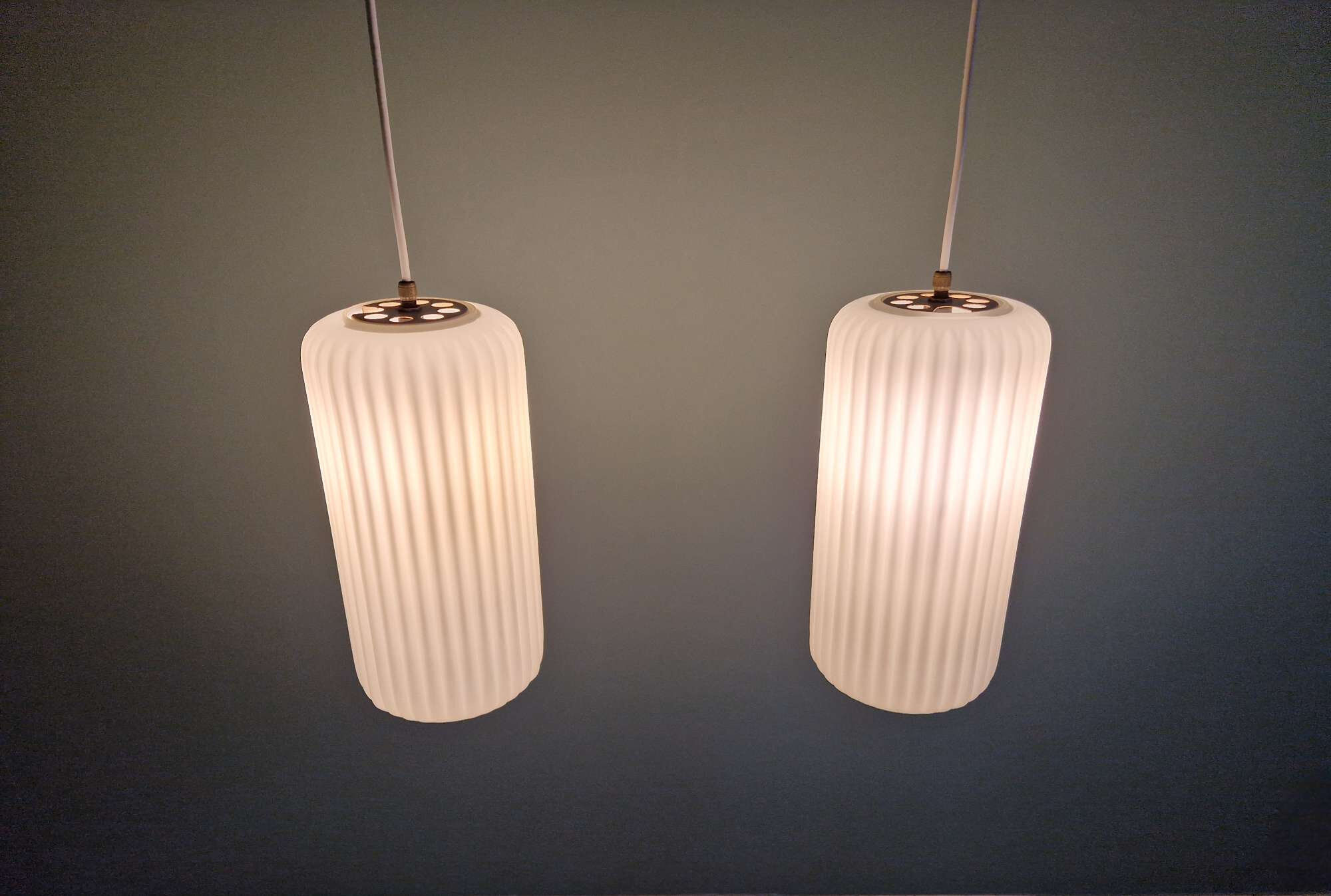 Pair of ribbed white opaline pendants, Philips, 1960s