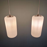 Pair of ribbed white opaline pendants, Philips, 1960s