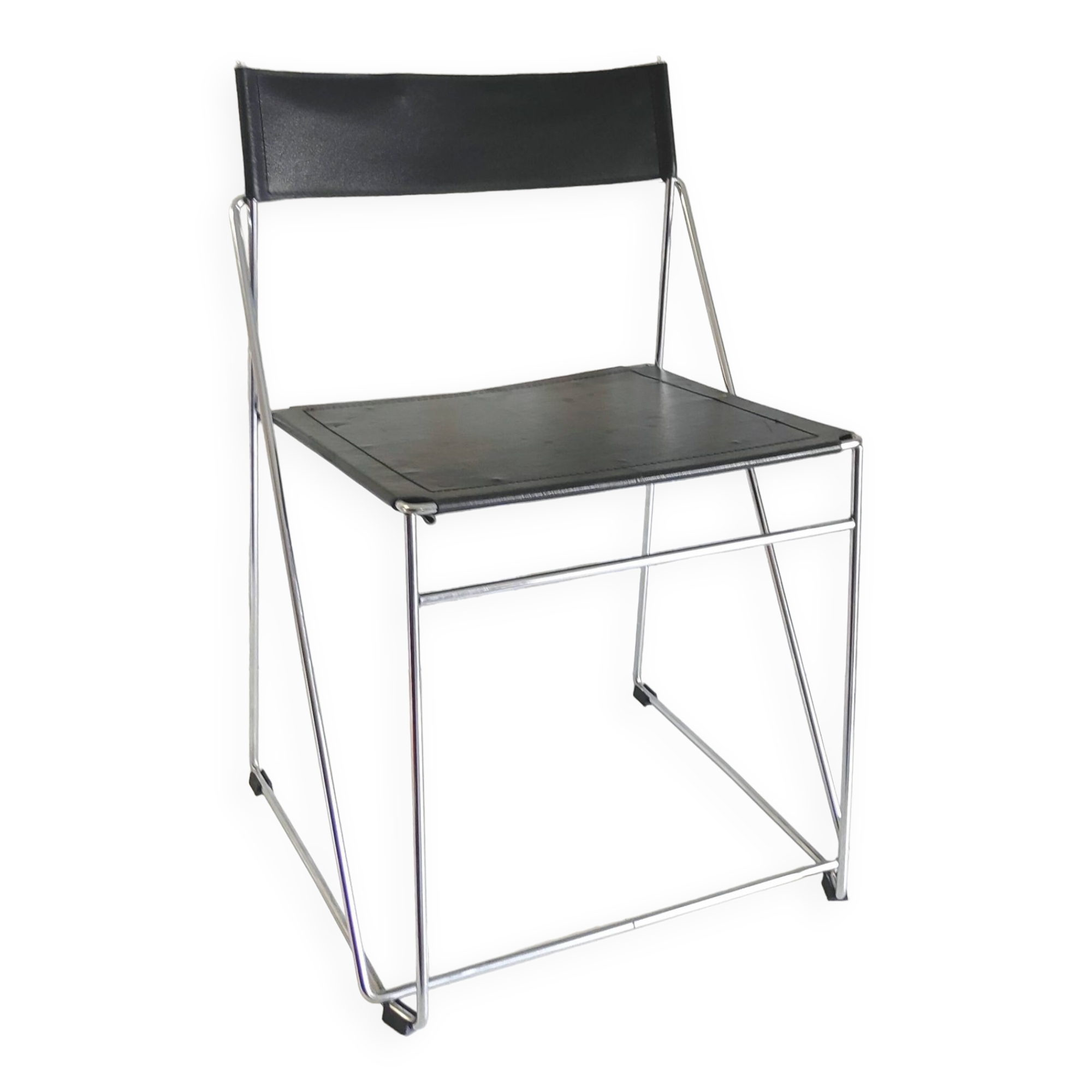 Modernist design chair chrome metal and black leather - 70s