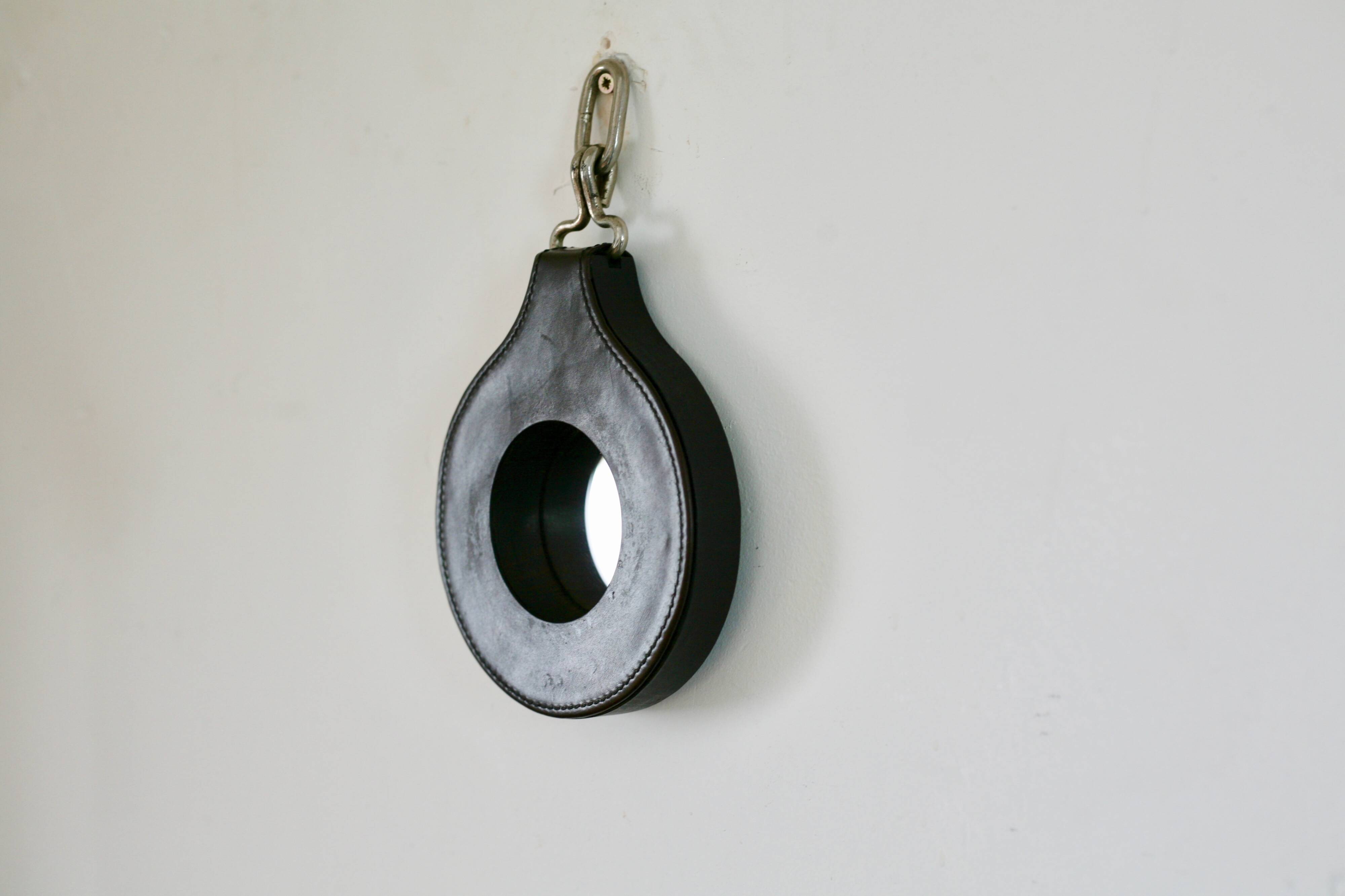 Lancel mirror, leather and wood, France 1960s