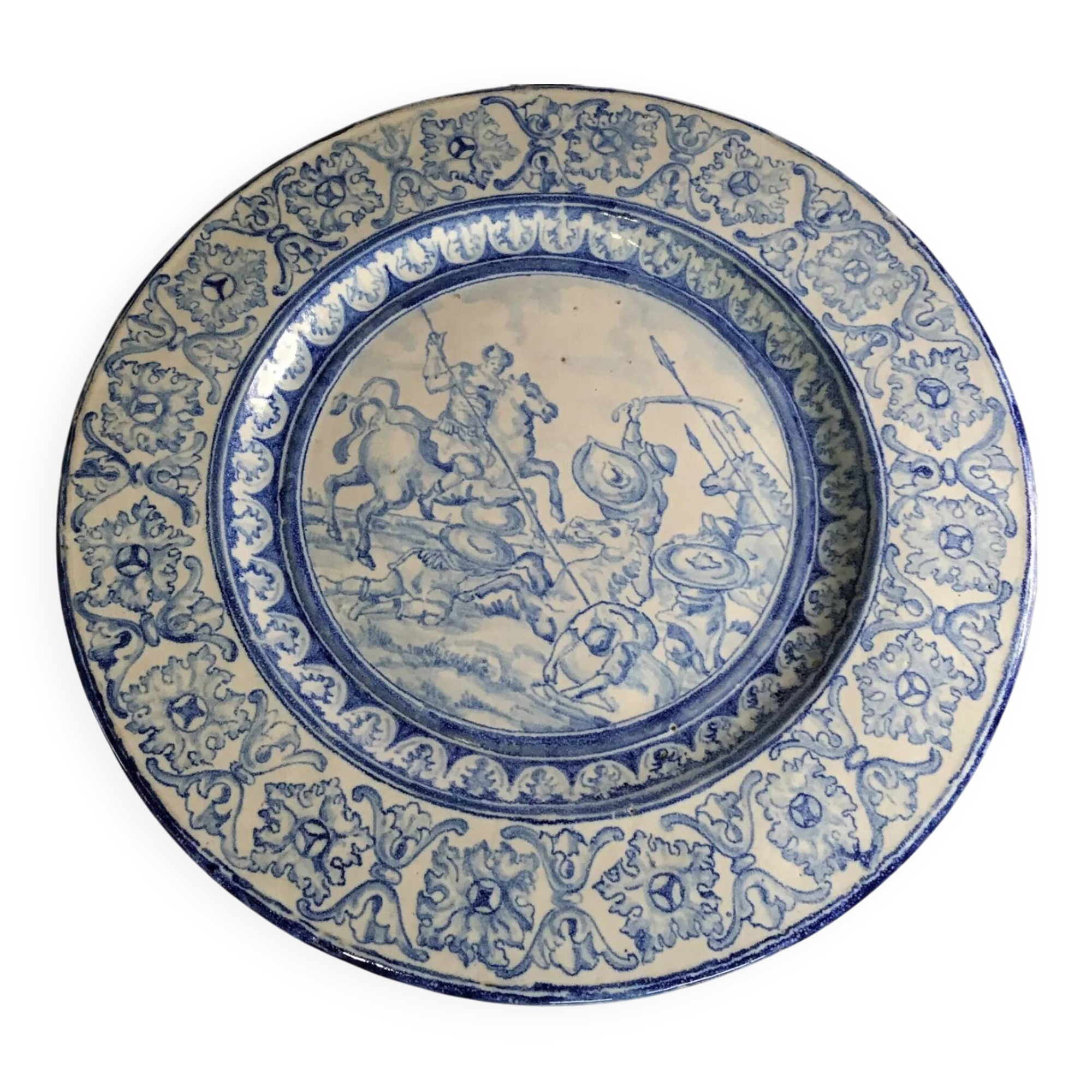 Antique glazed ceramic wall plate with battle scene decoration 41.5 cm