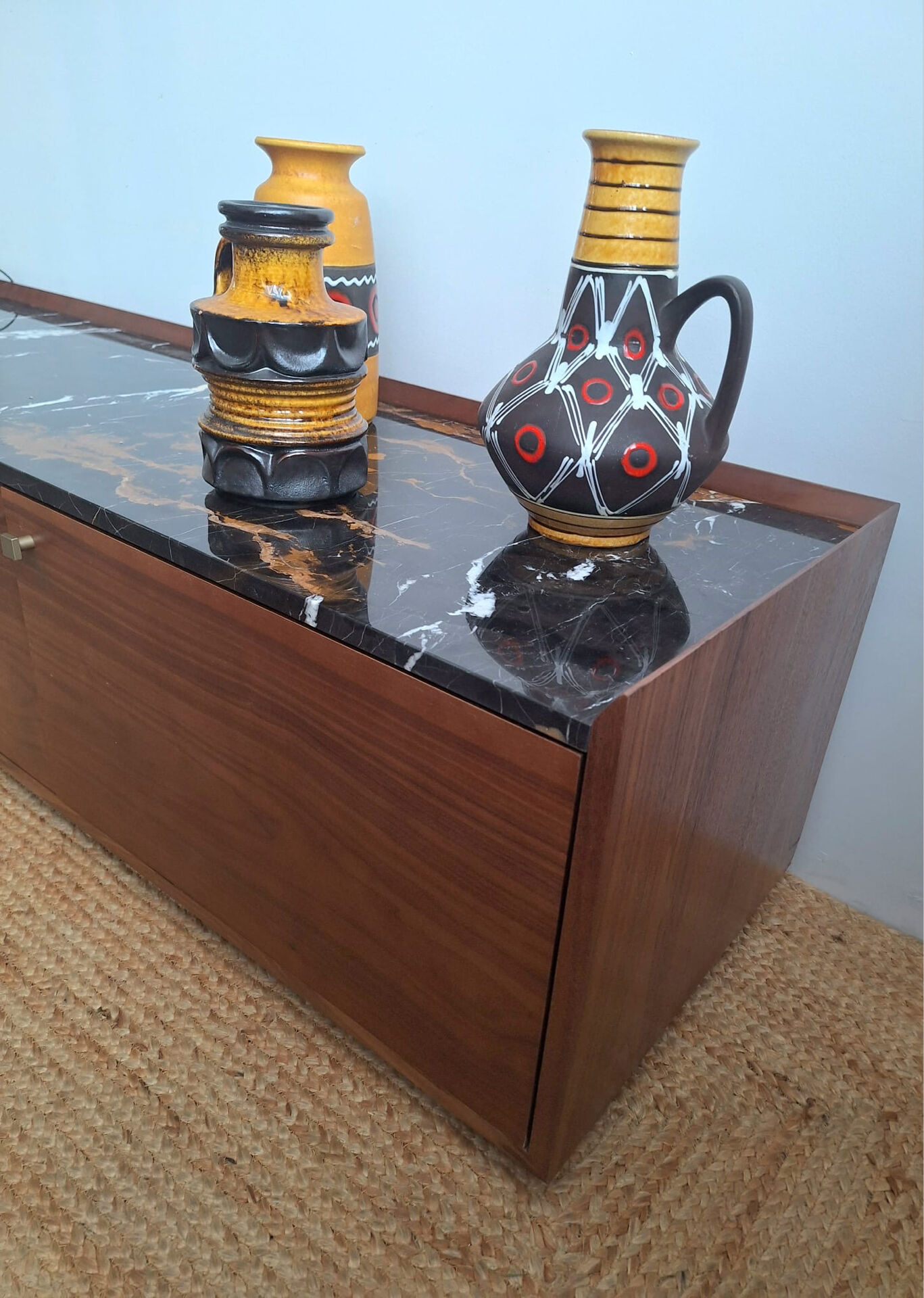 AMPM Noham TV unit, walnut sideboard with amber marble.