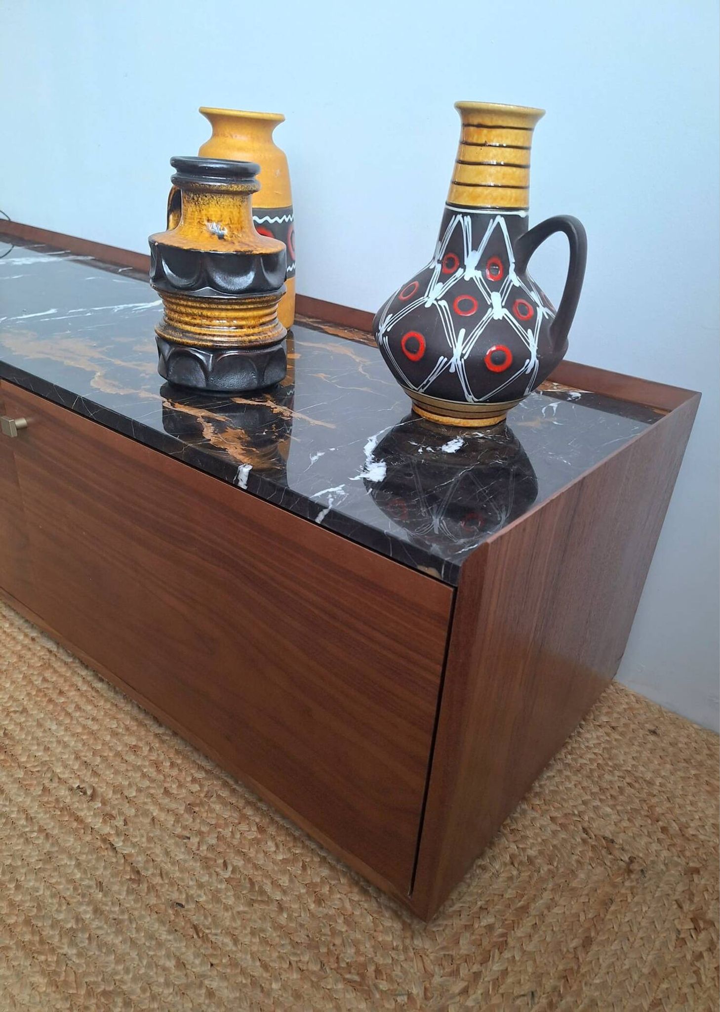 AMPM Noham TV unit, walnut sideboard with amber marble.