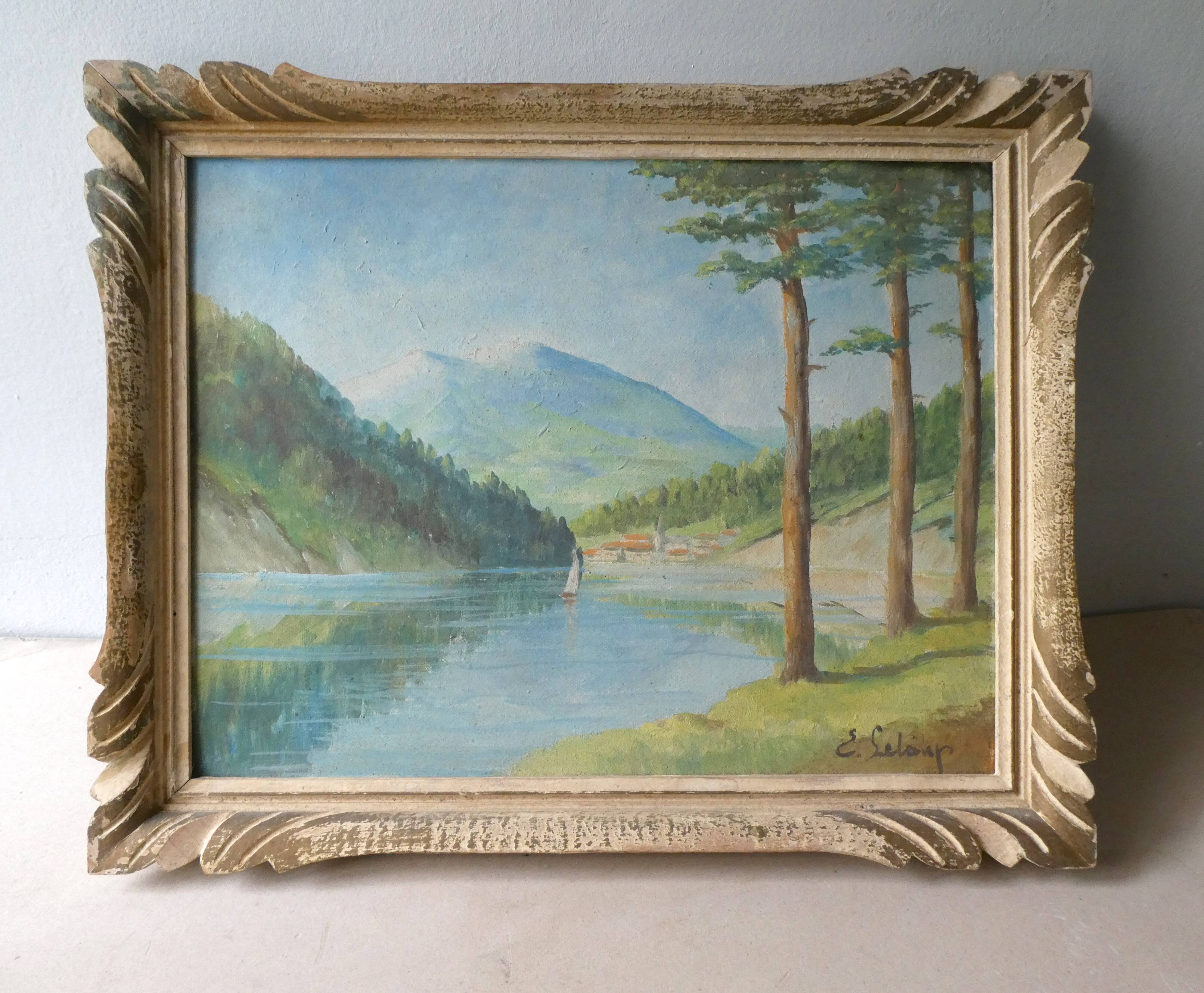 Painting, oil on cardboard, mountain landscape, lake, signed