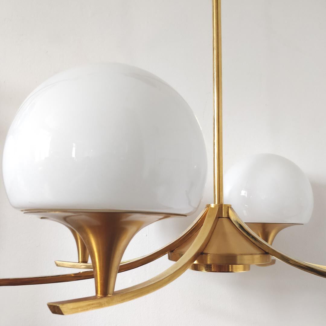 Vintage suspension chandelier 6 gilded and opaline lights