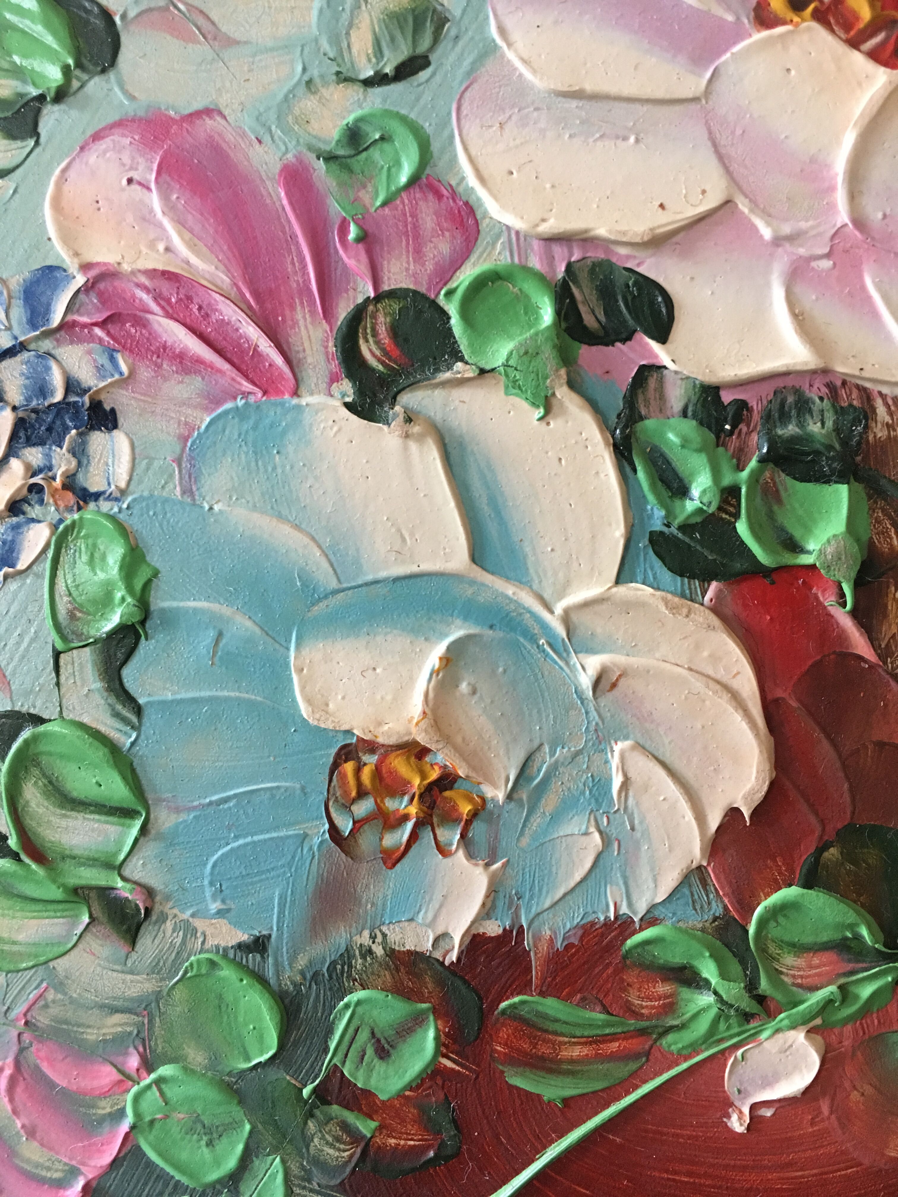 Painting painting in powder pink oil, blue-green