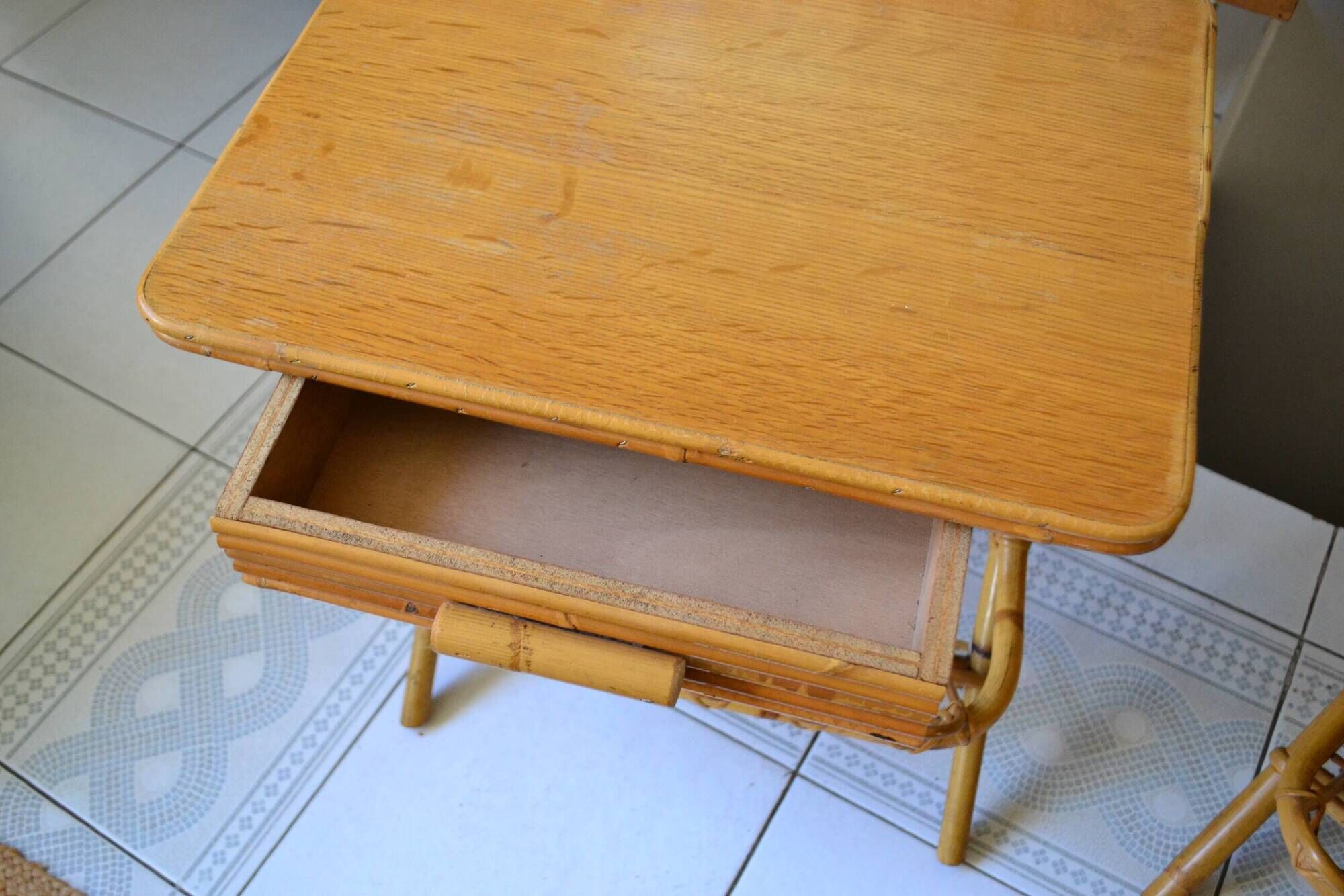 Pair of bamboo rattan bedside tables from the 70s.