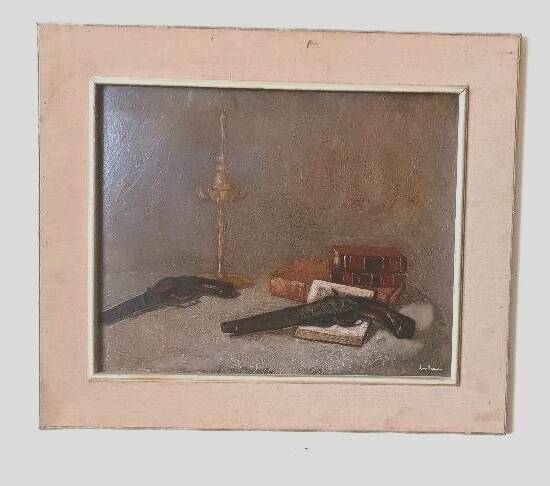 Oil painting on faesite books and lamp - signed 70s