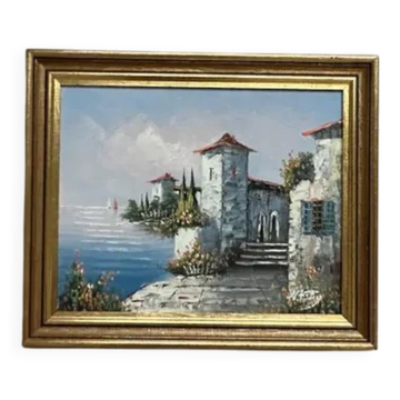 Huile sur panneau originale suédoise - "Tour sur la plage" par artiste inconnu - Vintage et encadrée - 32 × 27 cm (12,5 po × 10,6 po)