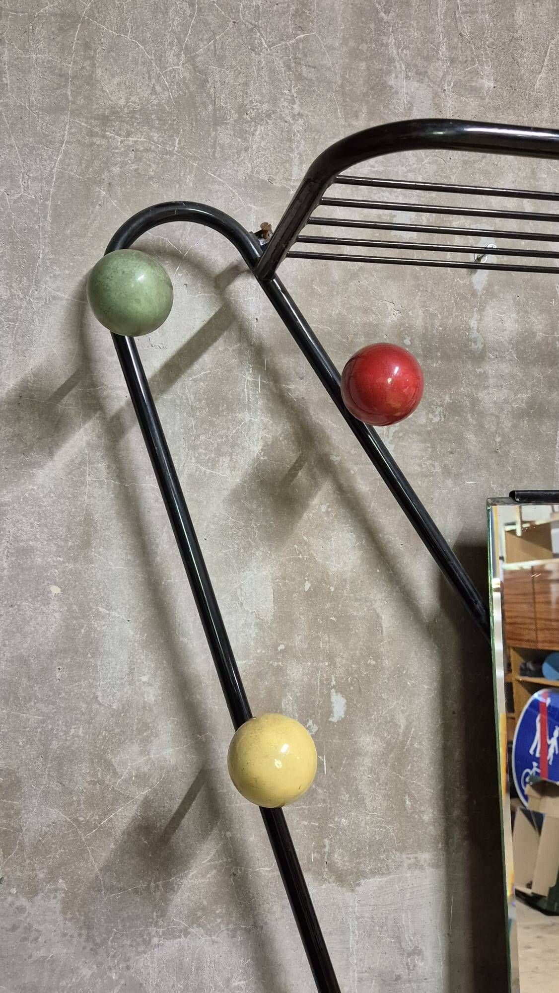 Vintage coat rack attributed to Roger Feraud, black metal with coloured spheres, 1970s, 180 x 82 x 22 cm