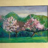 Watercolor on paper, flowering trees, mid-20th century