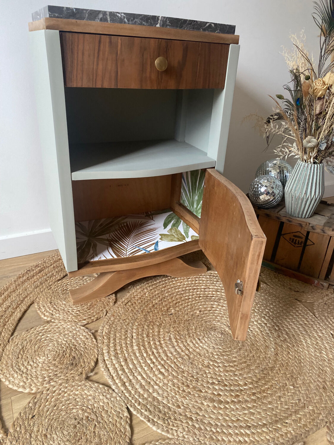 Pair of mismatched art deco bedside tables in green and wood