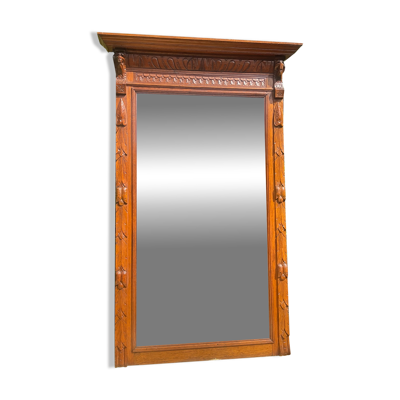 Ancien Grand miroir trumeau en bois massif et verre biseauté