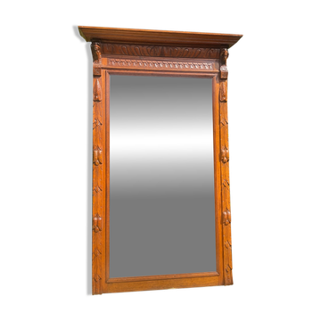 Ancien Grand miroir trumeau en bois massif et verre biseauté