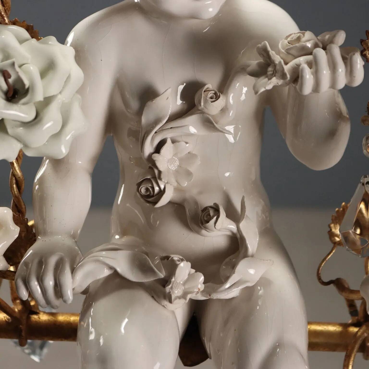 Antique chandelier in iron, gilded sheet metal and ceramic, Italy, 20th century