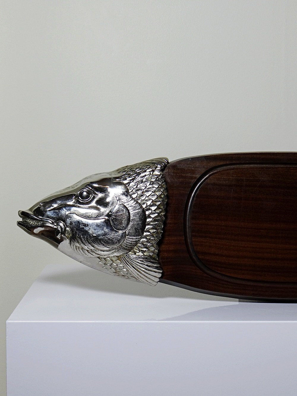 Large vintage 1960s wooden and silver-plated metal salmon serving tray