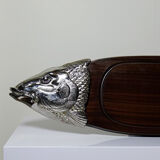 Large vintage 1960s wooden and silver-plated metal salmon serving tray