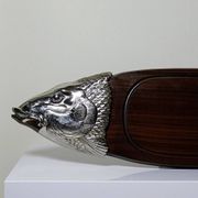 Large vintage 1960s wooden and silver-plated metal salmon serving tray