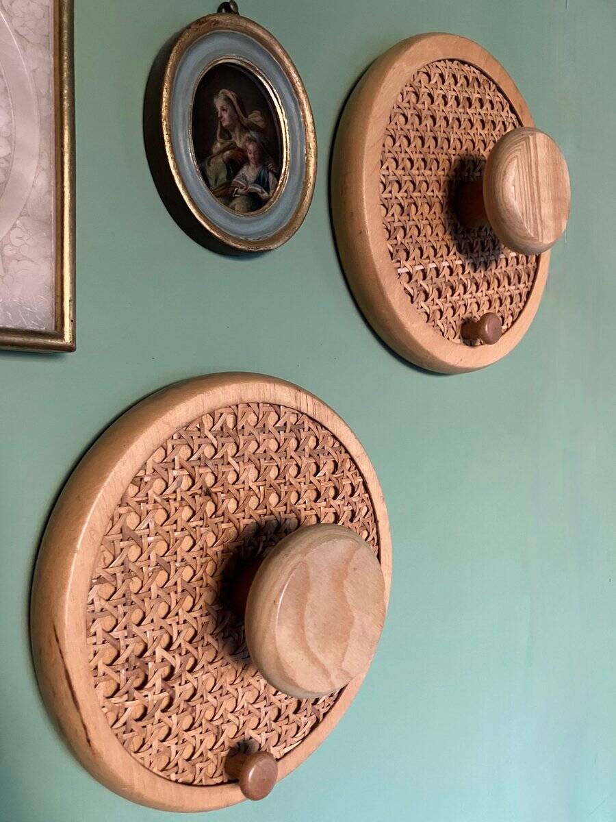 Coat Wall Hooks in Wood and Woven Cane, 1960s, Set of 2