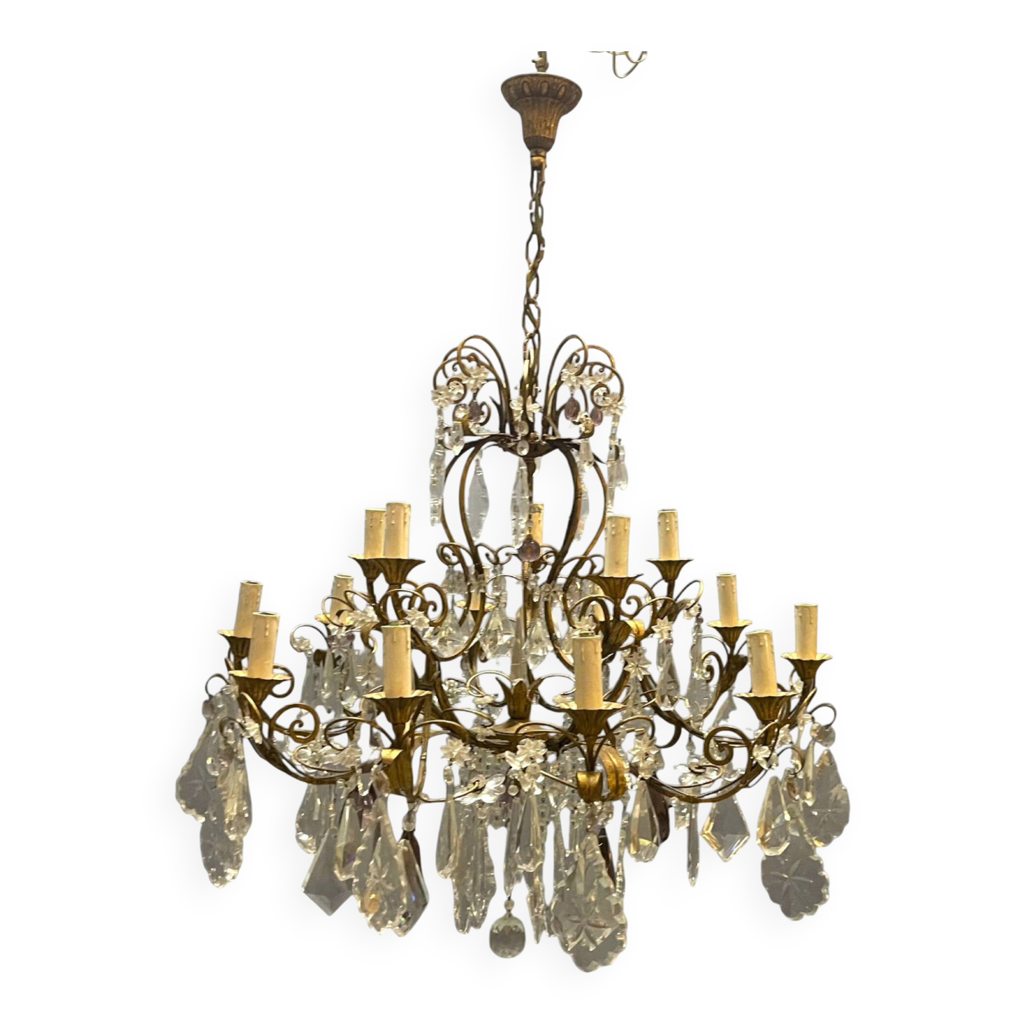 Large Florentine Tole Chandelier with Murano Glass Flowers, Italy, 195