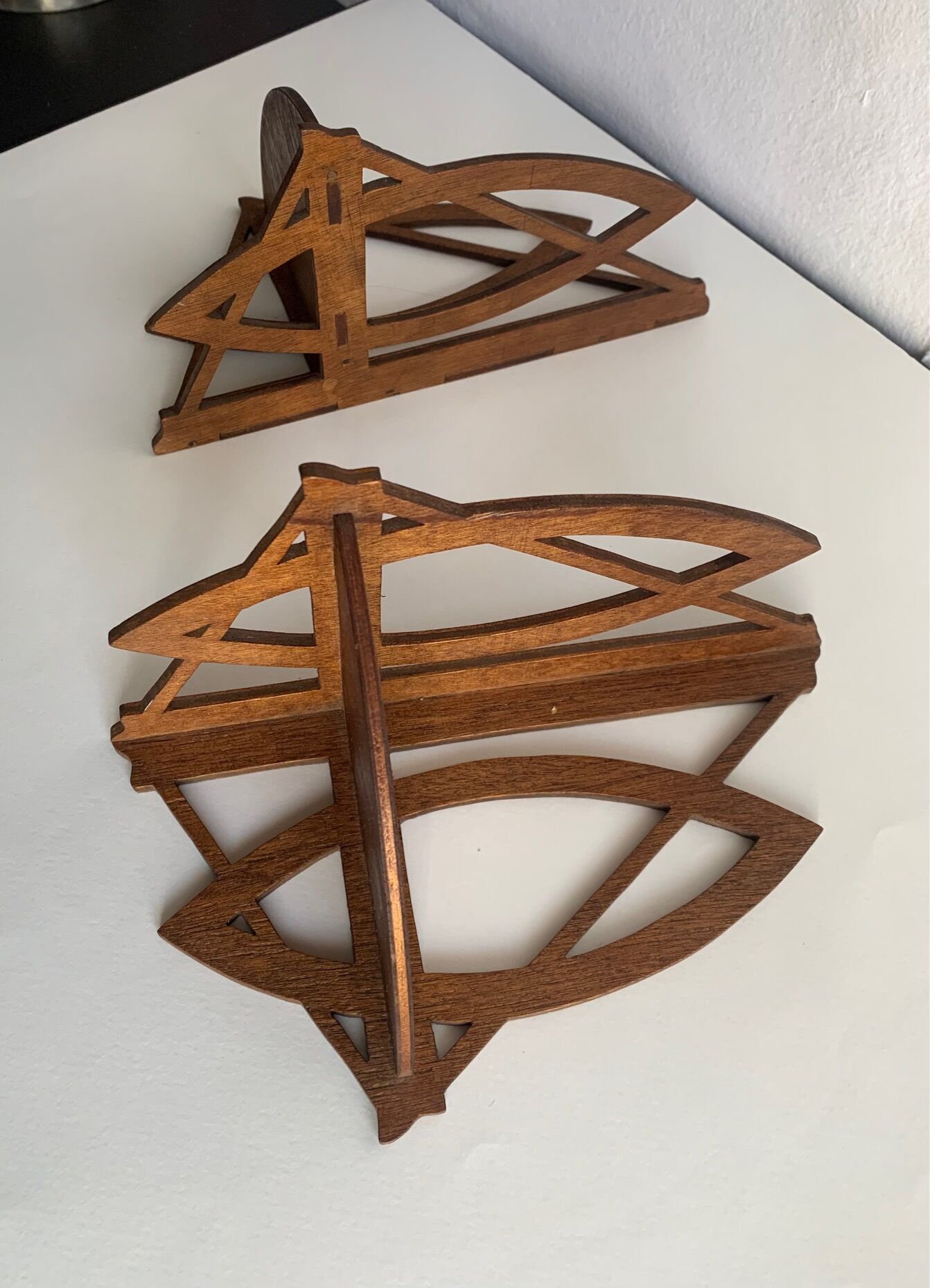 Pair of wall corner shelves, art deco