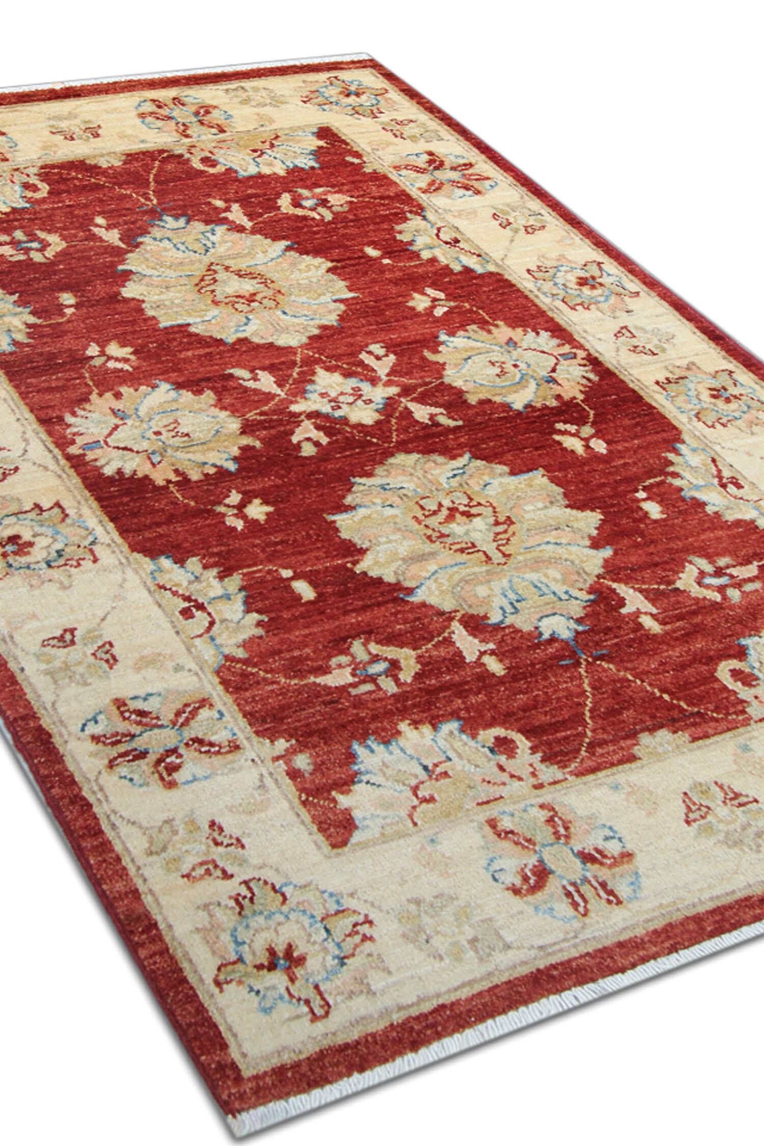 Red Gold Wool Rug, Handmade Floral Oriental Carpet 121x77cm Bedroom Decor