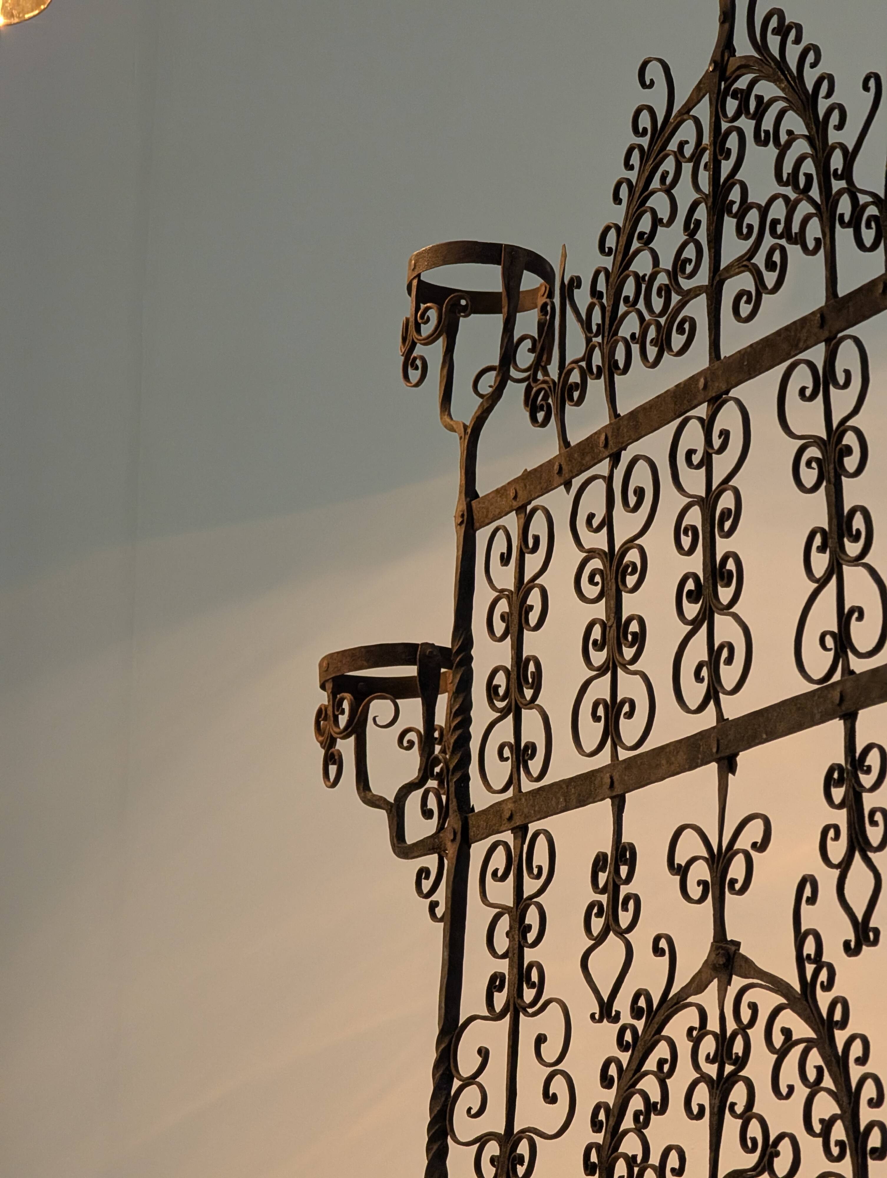 Spanish Wrought Iron Fireplace Screen Candelabra, Arts and Crafts, 1880s