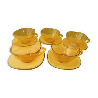 Set of 5 vintage tea cups in tempered amber glass Véréco