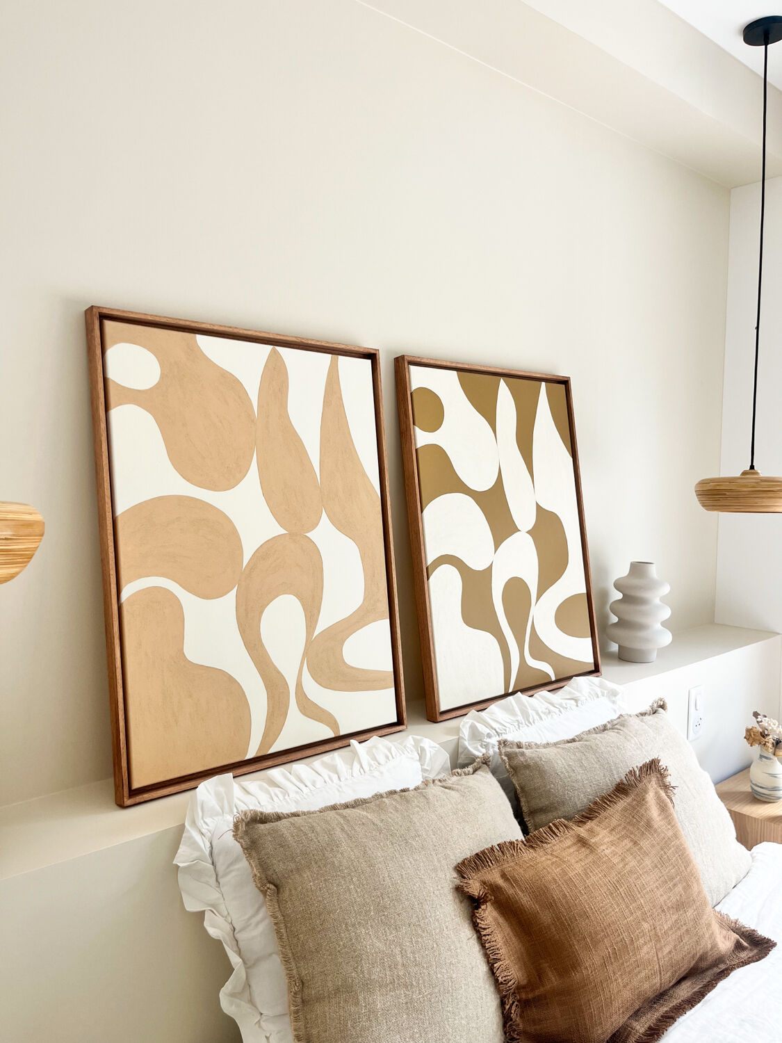 Tableaux diptyque organique beige marron, crème