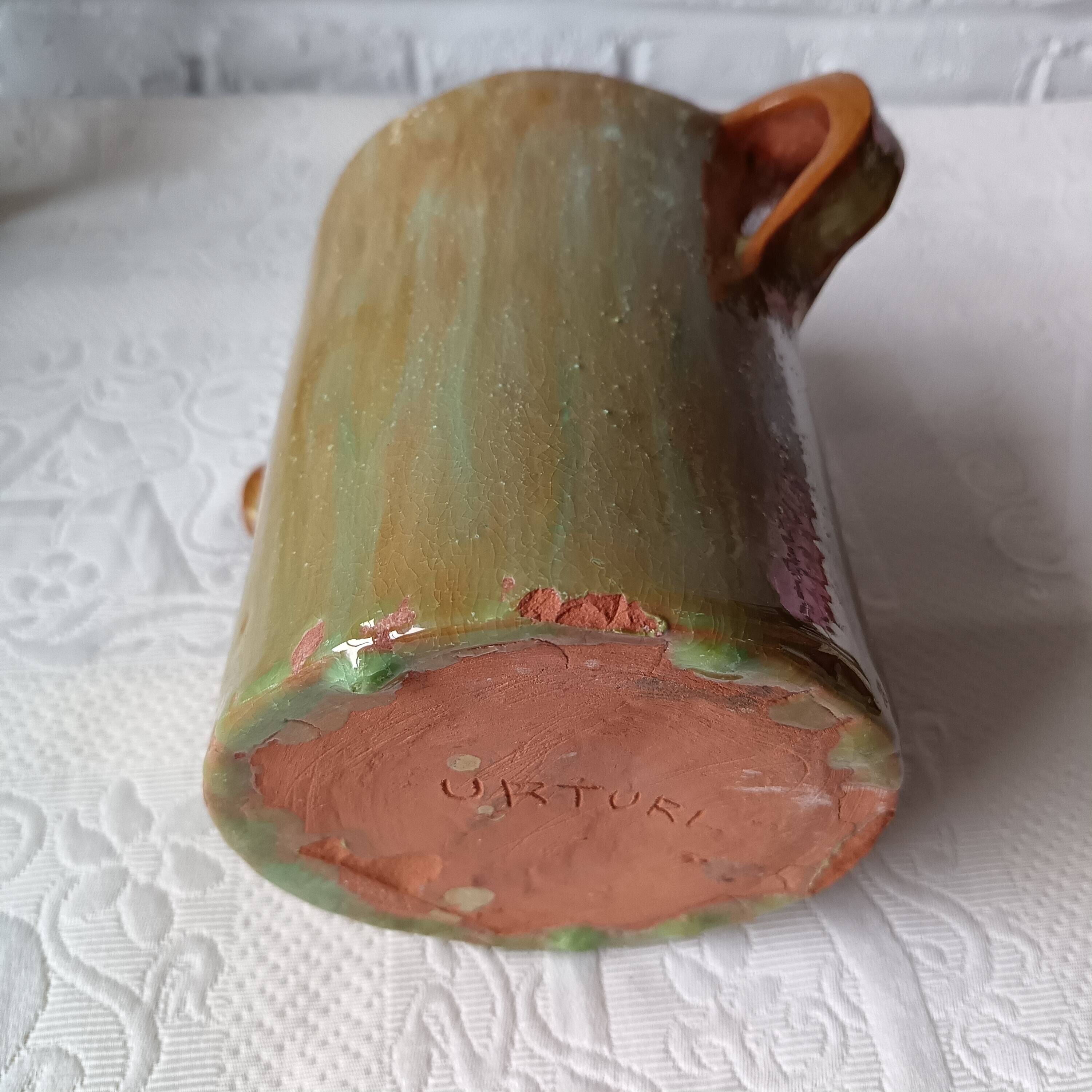 Vintage green enamelled handmade terracotta jar France