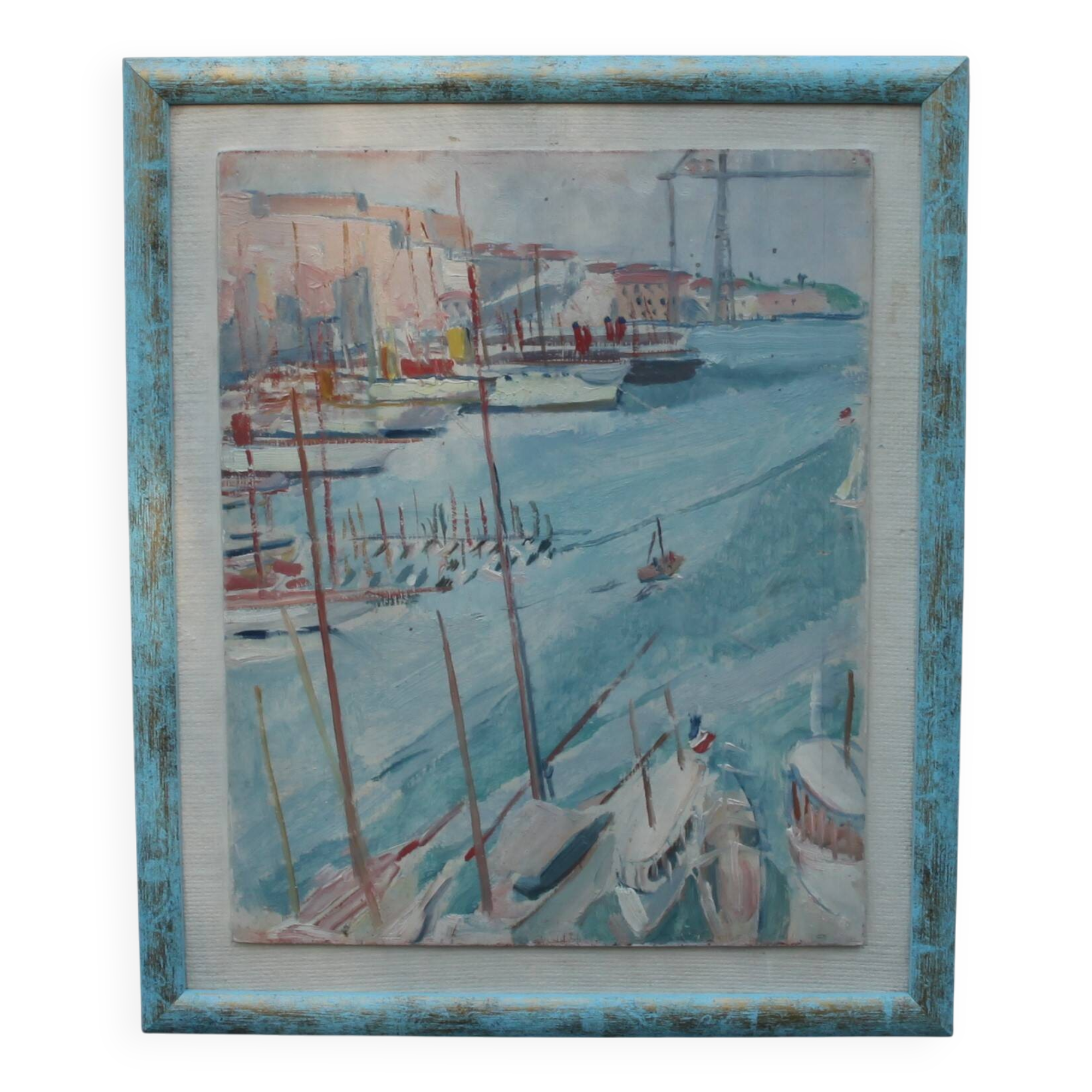 Oil on wooden panel representing the port of Marseille