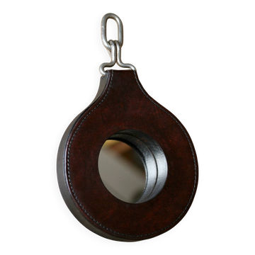 Miroir Lancel en cuir et bois, France années 60