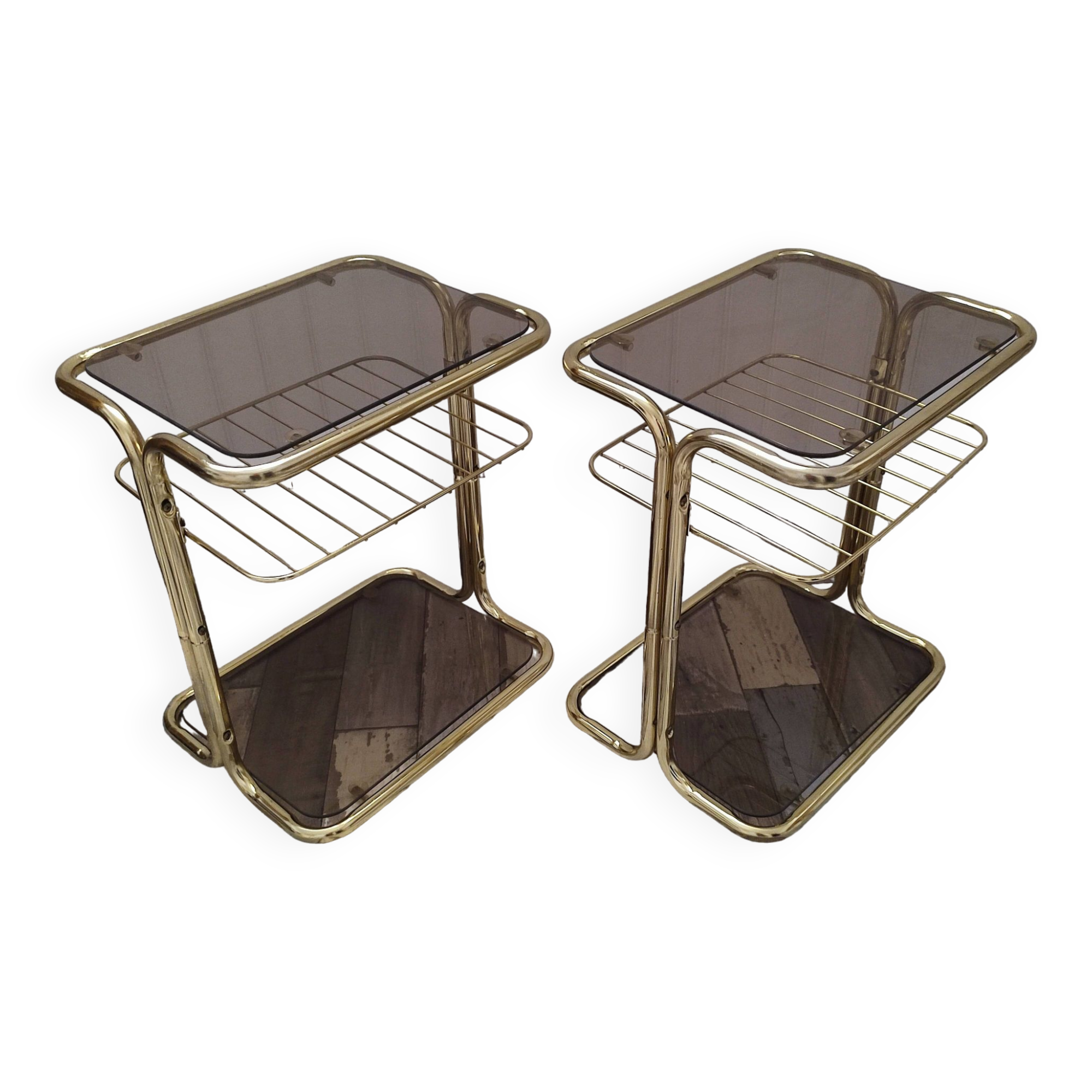 Pair of vintage smoked glass and brass bedside tables
