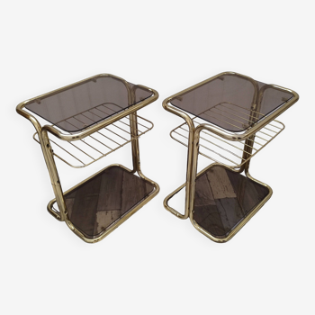 Pair of vintage smoked glass and brass bedside tables