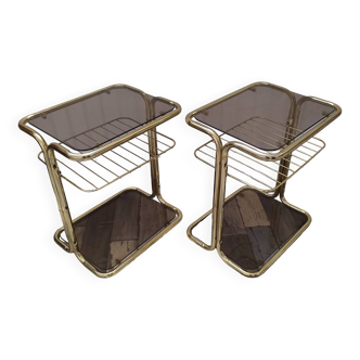 Pair of vintage smoked glass and brass bedside tables