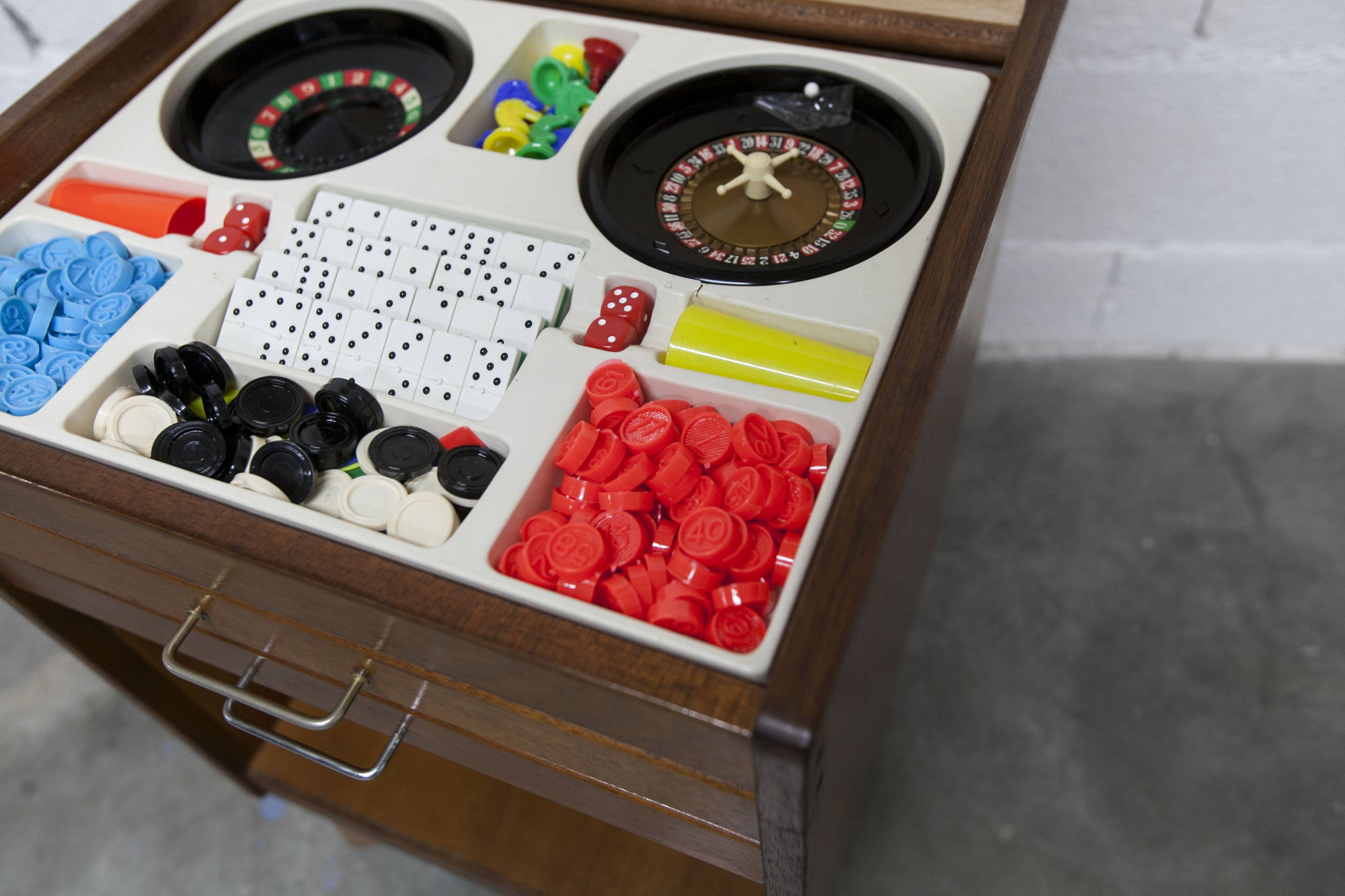 Unique 1960s bedside table with 15 complete games, compass legs, 1960s
