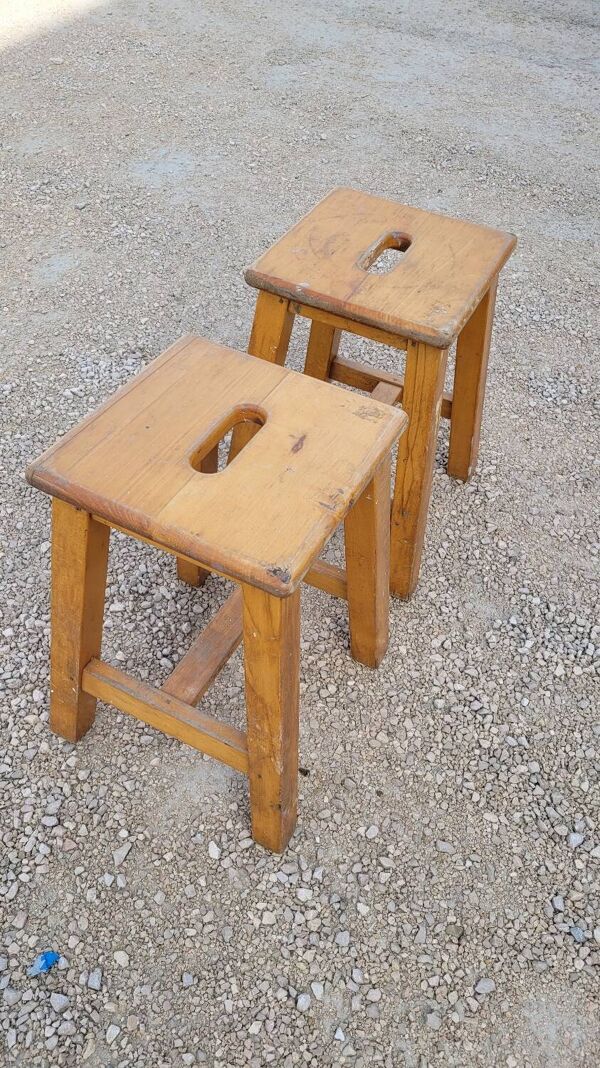 Paire de Tabourets en bois de Gare 1950s